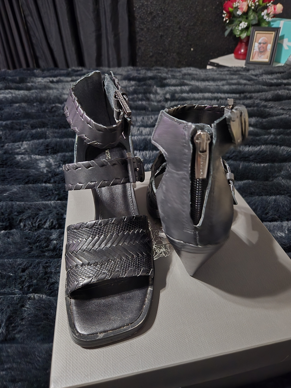 Vince Camuto Black Braided Leather Strappy Pointed-Heel Sandals